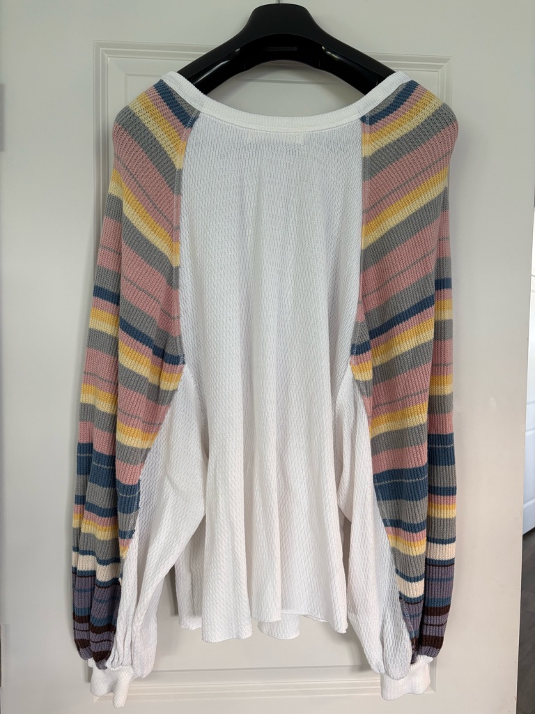 We The Free - White Waffle Knit Top With Multicolor Striped Raglan Sleeves